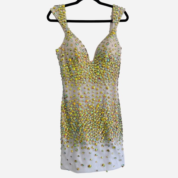 VIENNA White Iridescent Beaded Evening Cocktail Formal Mini Party Dress … - Picture 3 of 14